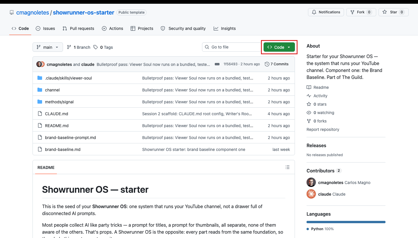 GitHub repo page with the green Code button highlighted